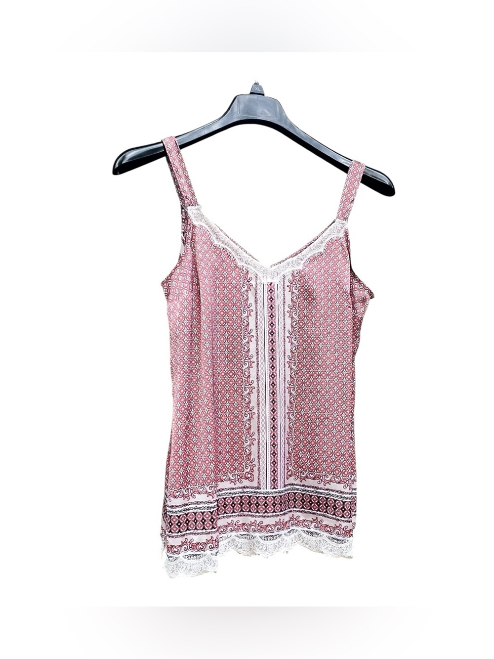 White House Black Market Coral Satin Print Lace-Fray Trim Cami Tank Size Small